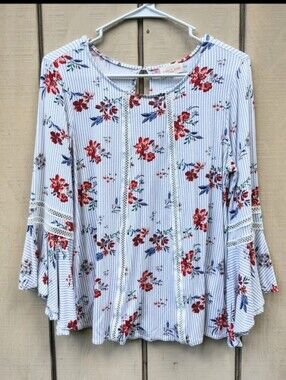 Floral Stripe Bell-Sleeve Women's Top White Blue Peek A Boo Crochet Scoop Neck S